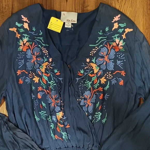 Chloe Oliver Cobalt Long Sleeve Embroidered Surplice Dress w/ Elastic Waist SSS - Picture 2 of 8